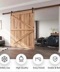 Wooden door using 12 FT Heavy Duty Sliding Barn Door Hardware Track Kit with straight pulley design, installed in modern living room.
