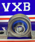 10mm Bore Miniature Stainless Steel Pillow Block Mounted Bearing showing compact design and blue insert.