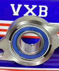 25mm Miniature Flanged Block Stainless Steel Mounted Bearing with blue seal and silver housing.