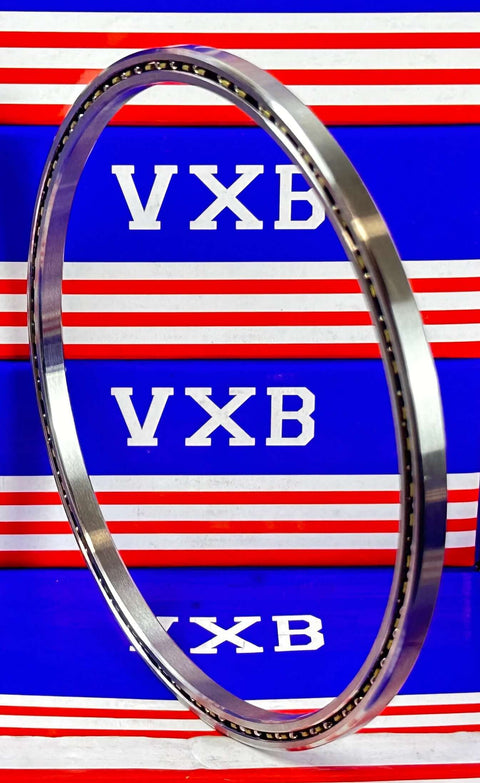 VA050CP0 Thin Section Bearing 5" x 5-1/2" x 1/4" inch displayed on a colorful background, showcasing chrome steel construction.