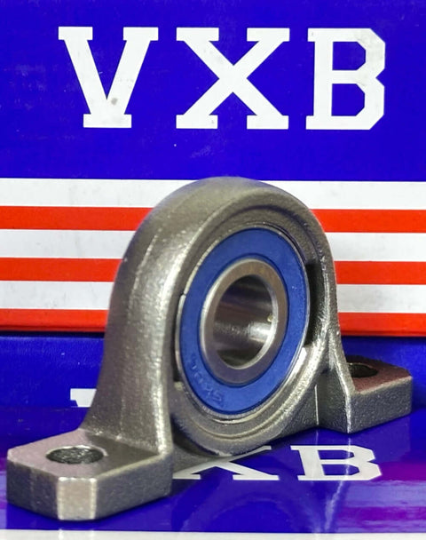 12mm Bore Miniature Stainless Steel Pillow Block Mounted Bearing on a display with VXB branding.