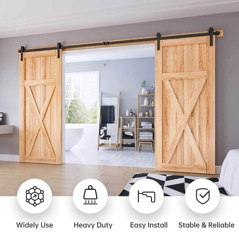 12 FT Double Door Sliding Barn Door Hardware Track Kit with basic J pulley installed in modern living room