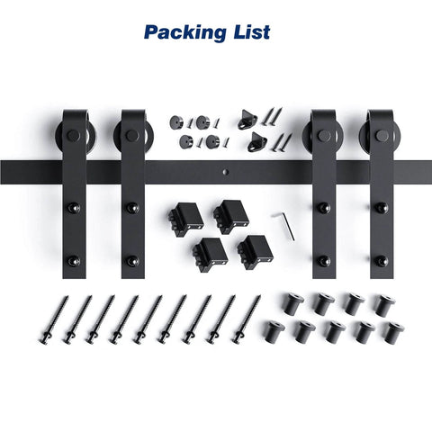 12 FT Double Door Sliding Barn Door Hardware Track Kit with basic J pulley, includes screws and installation parts, black aluminum