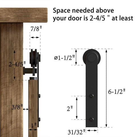 Dimensions and components of 2.5FT Super Mini Sliding Barn Door Hardware Kit for Single Cabinet Doors on TV Stands and Small Wardrobes