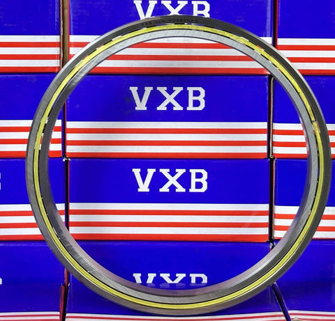 VD060CP0 Thin Section Bearing 6x7x1/2" Slim, circular steel ring with brass cage, displayed against colorful VXB boxes.